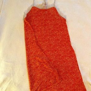 Orange and cream, XS, thigh length nightgown.  Soft, comfy, & a little stretchy!